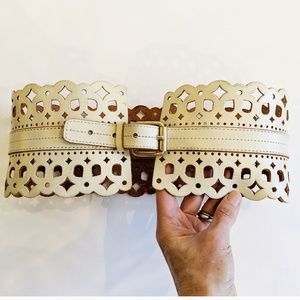 BCBG Max Azria leather perforated belt, ivory, S